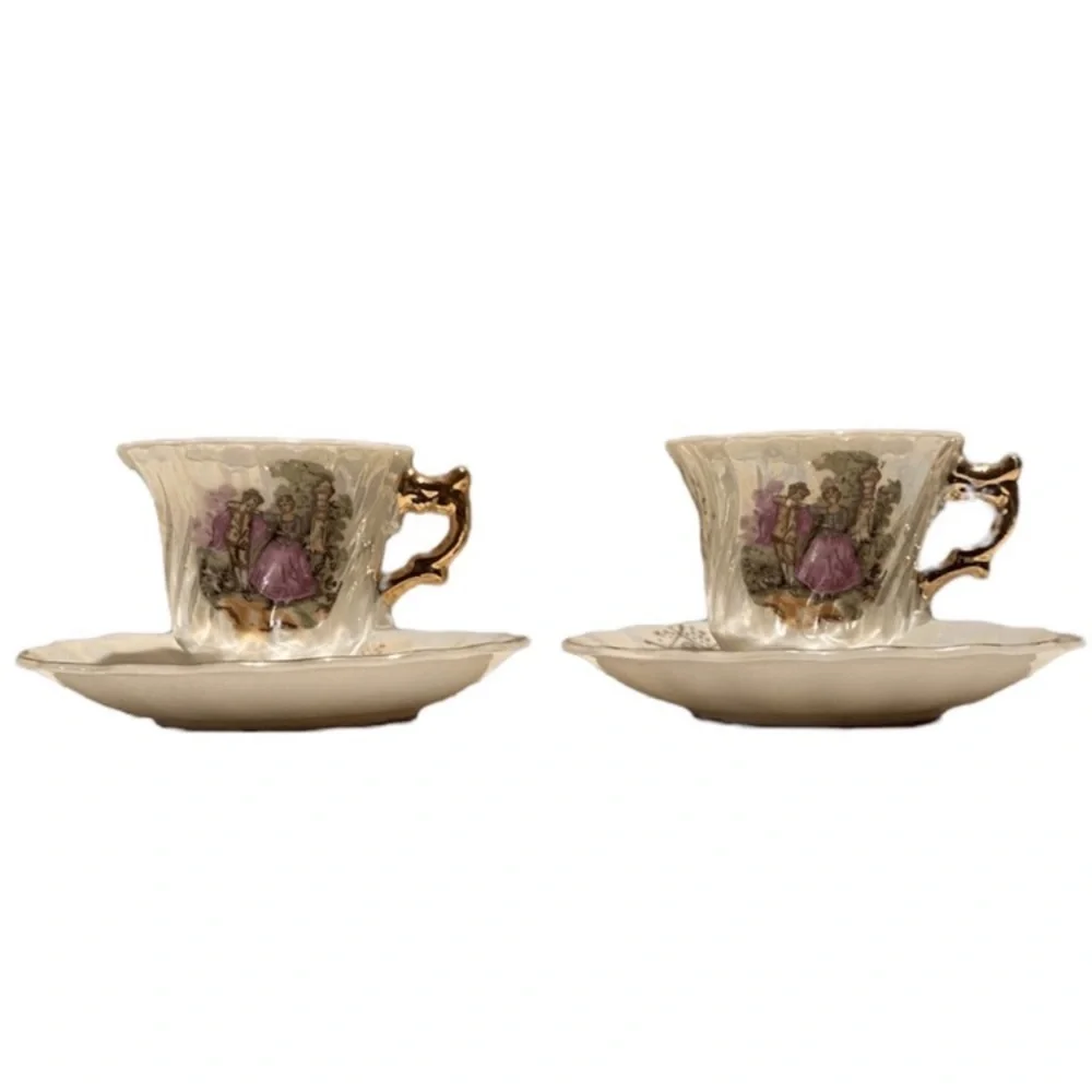 Victorian Lovers Teacups Courting Couple 1900s Japan 24K Gold Pearl Demitasse